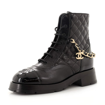 Chanel Women's Charm Chain CC Cap Toe Combat Boots Quilted Leather