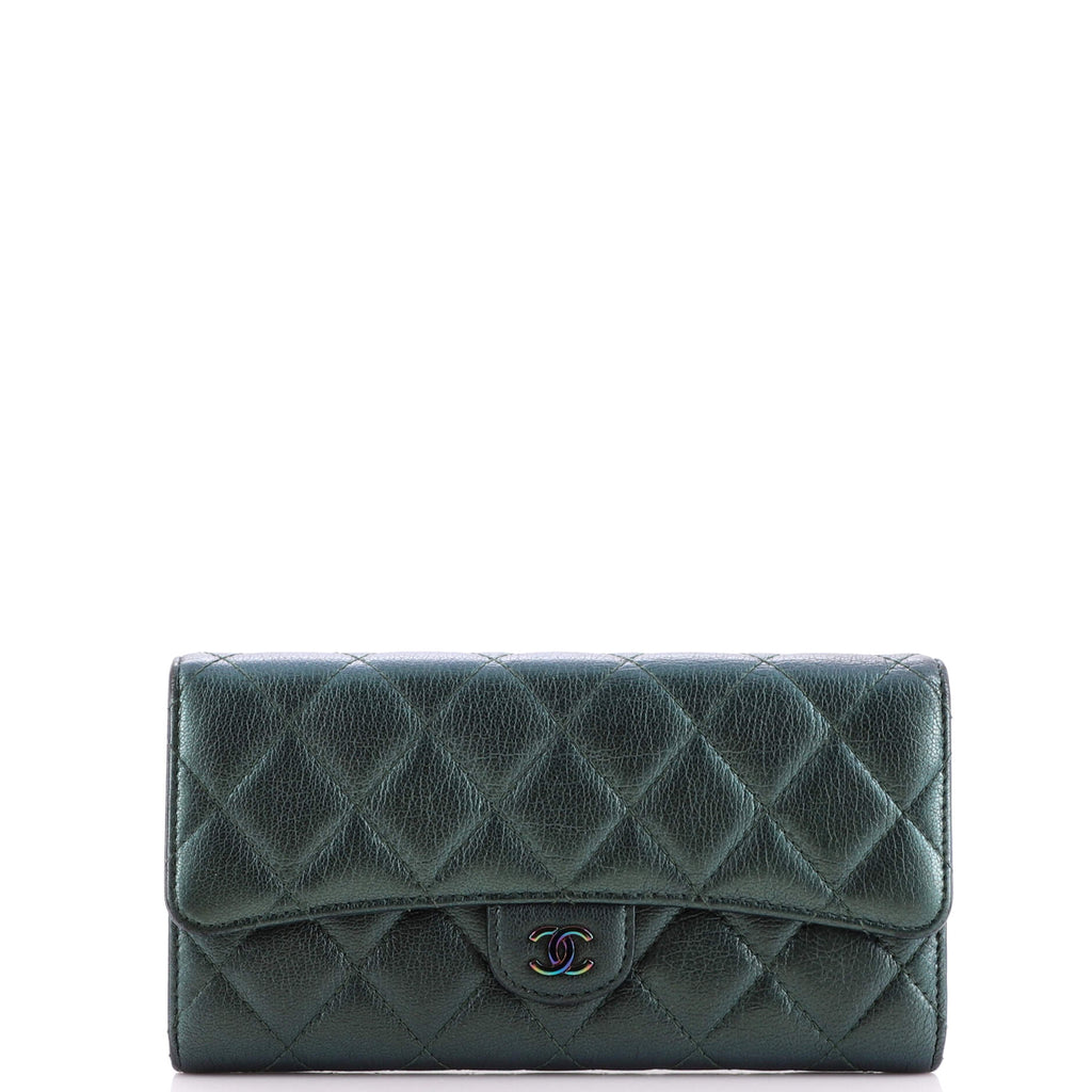 Chanel CC Gusset Classic Flap Wallet Quilted Iridescent Goatskin Long Green  2030381