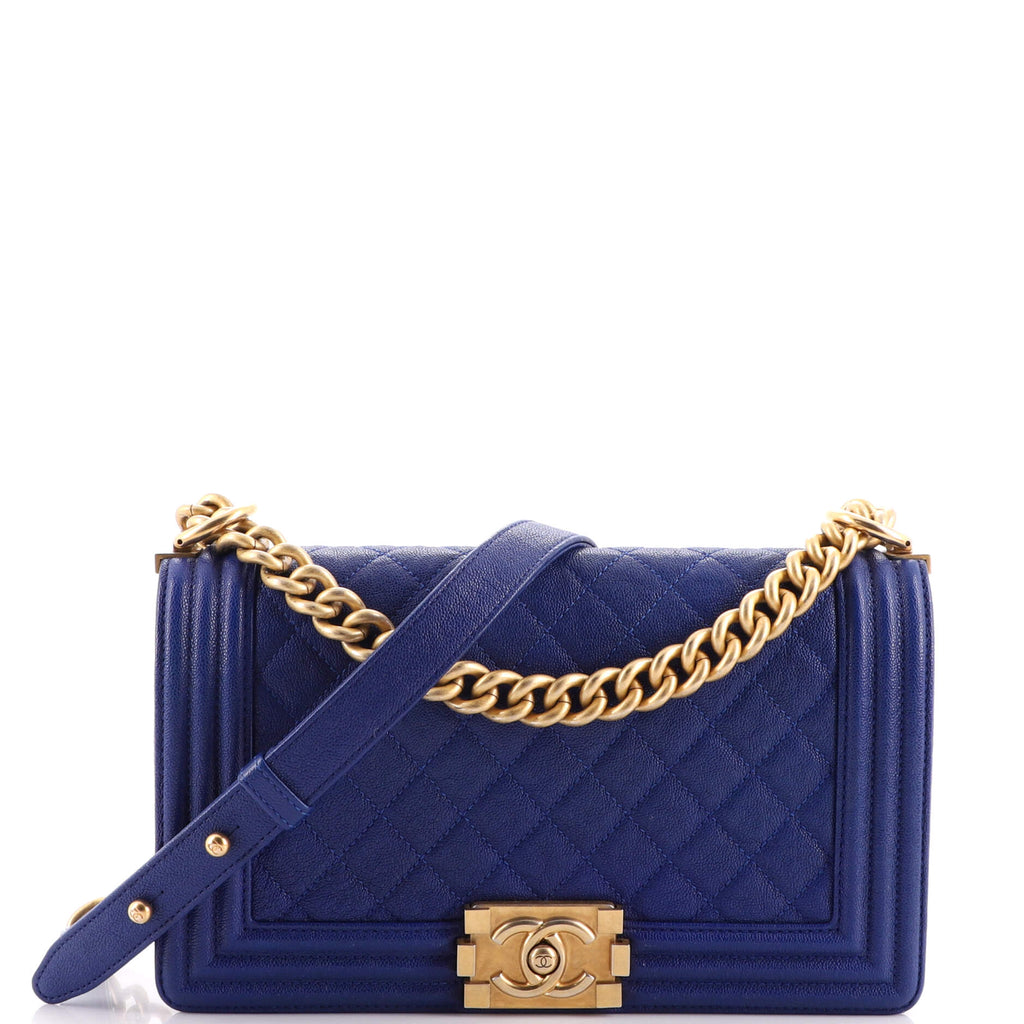 Chanel Blue Quilted Caviar Boy Wallet Gold Hardware (Like New), Womens Handbag