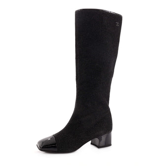 Chanel Women's CC Cap Toe Knee High Boots Glitter Fabric with Patent