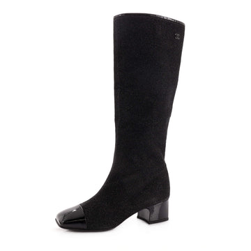 Chanel Women's CC Cap Toe Knee High Boots Glitter Fabric with Patent