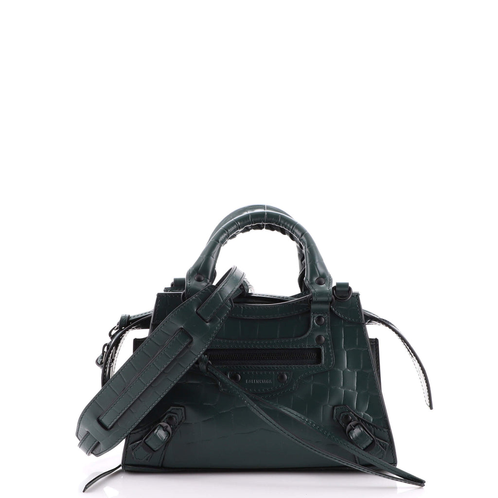 Balenciaga Mini Neo Classic City Bag In Green Croc Embossed Leather