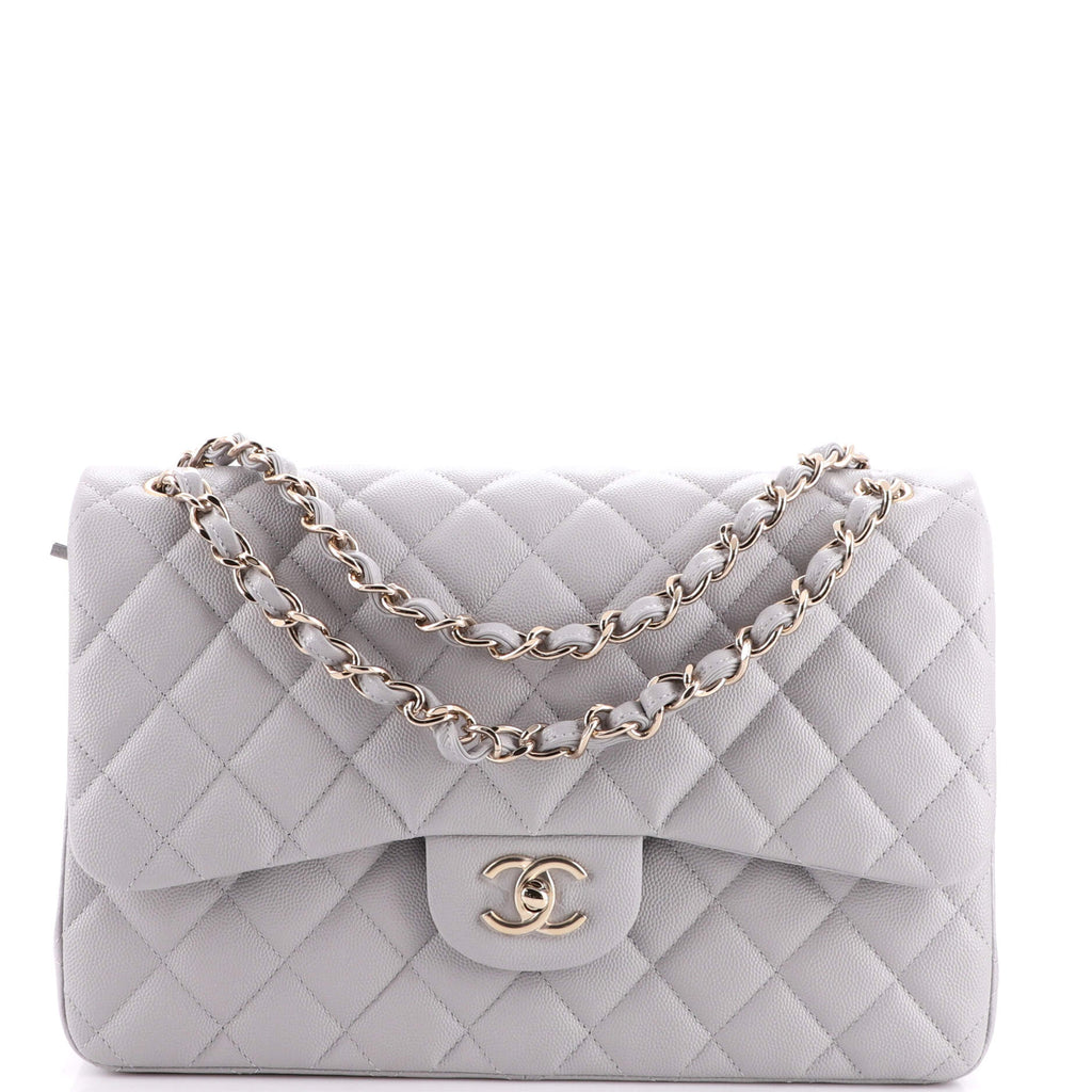 Chanel Classic Double Flap Bag Quilted Caviar Jumbo Gray 2033551