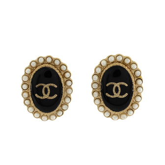 Chanel CC Oval Stud Earrings Metal with Resin and Faux Pearls
