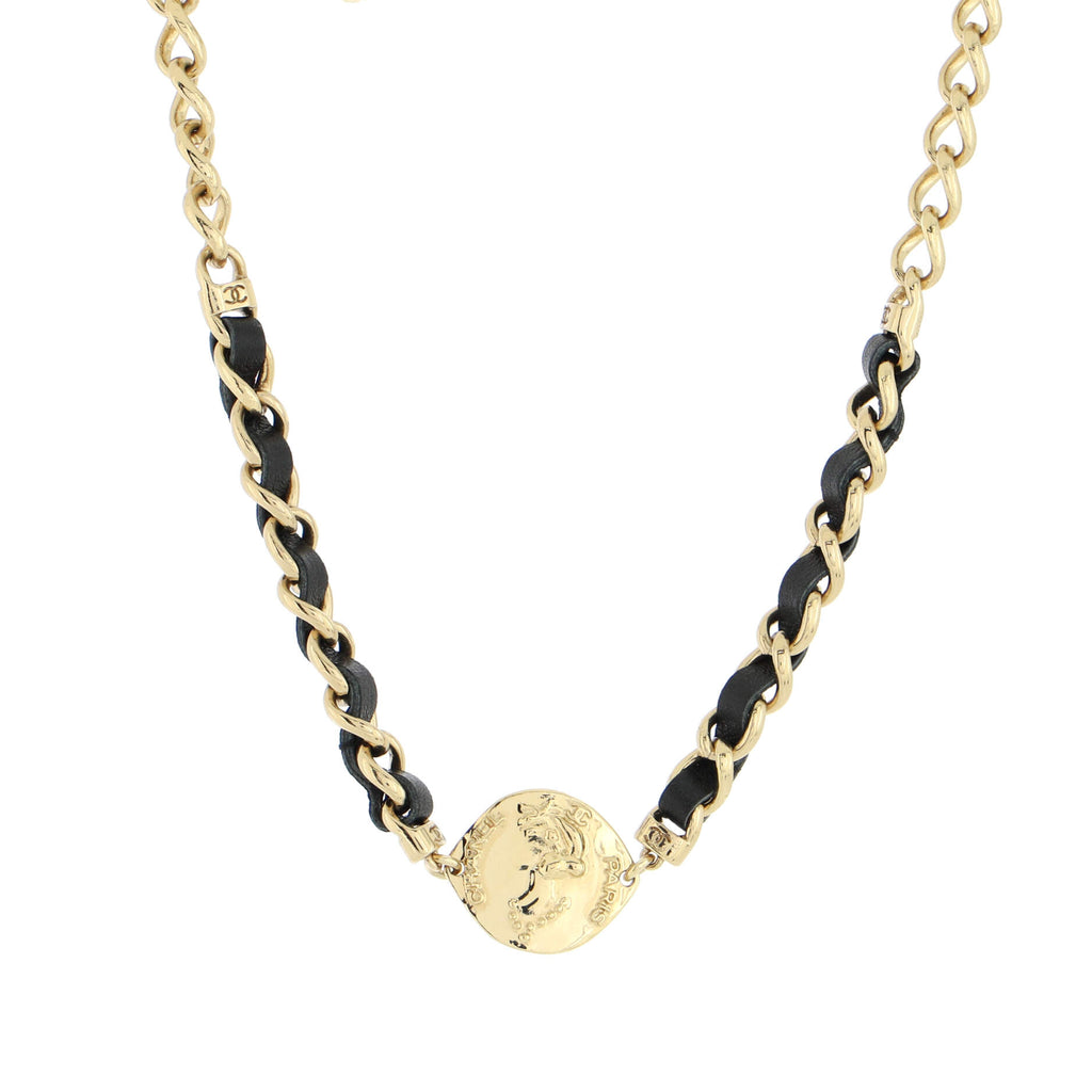 Chanel CC Medallion Choker Chain Necklace Metal and Leather Black 203373108