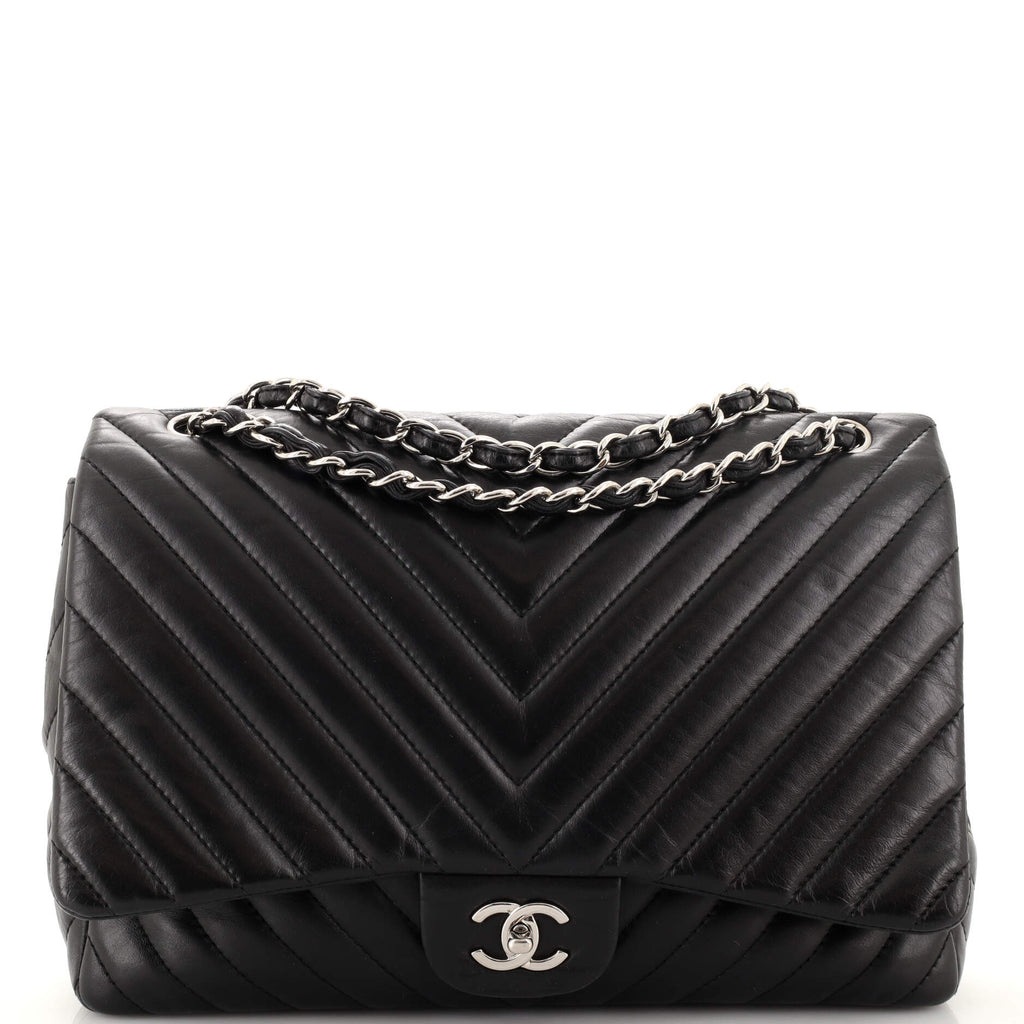 Chanel Classic Double Flap Bag Chevron Lambskin Jumbo Black