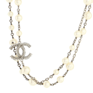 Chanel CC Station Long Necklace Metal with Faux Pearls and Crystals