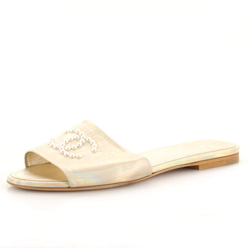 Chanel Women's CC Slide Sandals Leather with Faux Pearls
