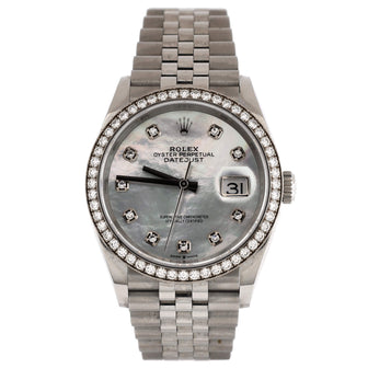 Rolex Oyster Perpetual Datejust Automatic Watch Stainless Steel and White Gold with Diamond Bezel and Markers and Mother of Pearl 36