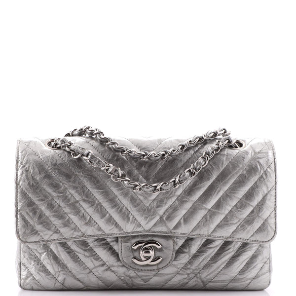 Chanel Classic Double Flap Bag Chevron Crumpled Metallic Patent Medium  Silver 2037568
