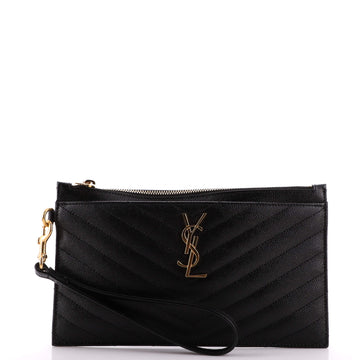 Saint Laurent Classic Monogram Zip Bill Pouch Matelasse Chevron Leather Large