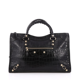 Balenciaga City Giant Studs Handbag Crocodile Embossed Leather Medium Black 2038201