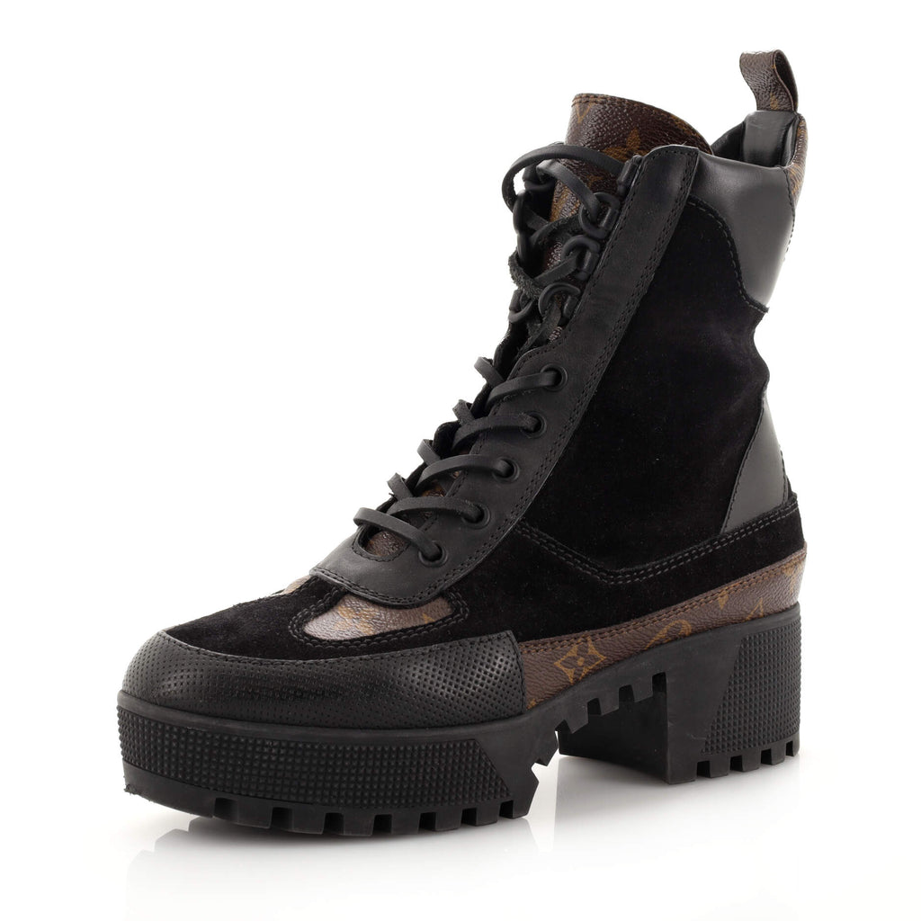 Louis Vuitton Women's Laureate Platform Desert Boots Suede with Monogram Canvas Black