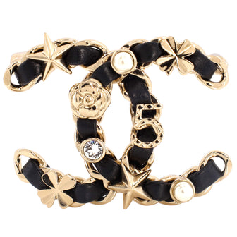Chanel CC Sergeant Brooch Metal and Leather with Faux Pearls and Crystals