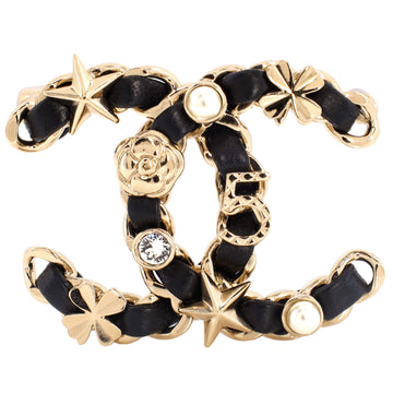 Chanel CC Sergeant Brooch Metal and Leather with Faux Pearls and Crystals
