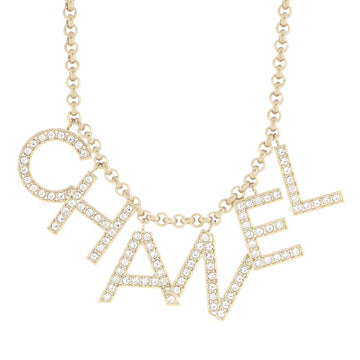 Chanel CHA-NEL Logo Necklace Metal with Crystals