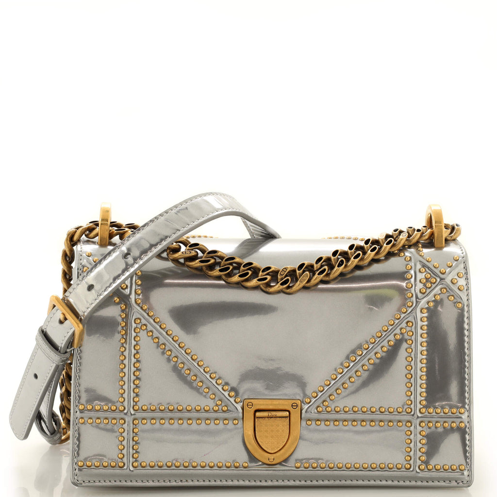 Christian Dior Silver Studded Patent Leather Small Diorama Top Handle Bag -  ShopStyle