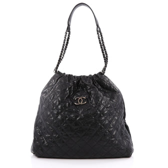Chanel CC Elastic Shoulder Bag Quilted Glazed Caviar Large Black