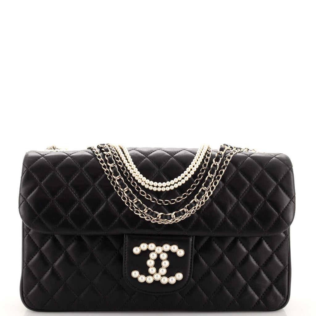 Chanel Black Quilted Tweed Westminster Pearl Flap Medium Q6B53V4FKB000