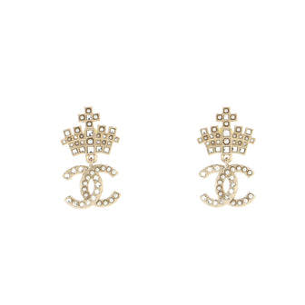 CC Dangle Crown Stud Earrings Metal with Crystal and Faux Pearl