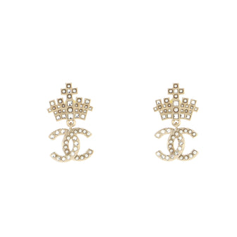 Chanel CC Dangle Crown Stud Earrings Metal with Crystal and Faux Pearl