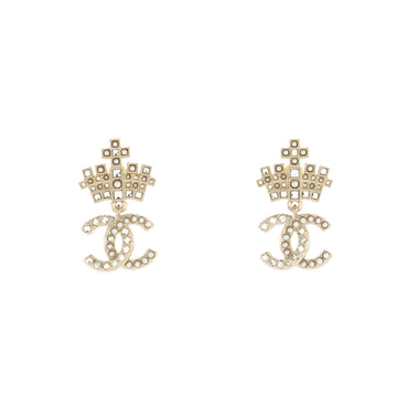 Chanel CC Dangle Crown Stud Earrings Metal with Crystal and Faux Pearl
