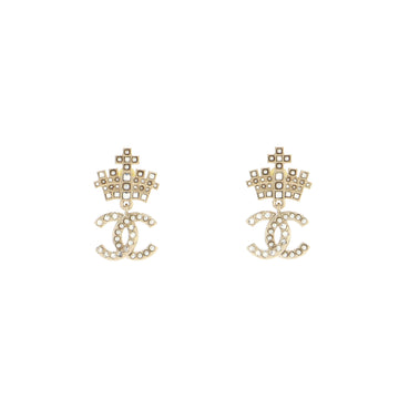 Chanel CC Dangle Crown Stud Earrings Metal with Crystal and Faux Pearl