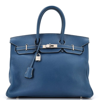 Hermes Birkin Handbag Blue Clemence with Palladium Hardware 35