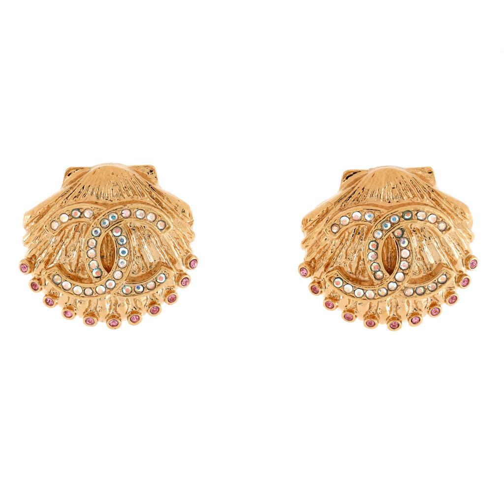Chanel CC Shell Clip-On Earrings Metal with Mulitcolor Crystals Gold  20423742