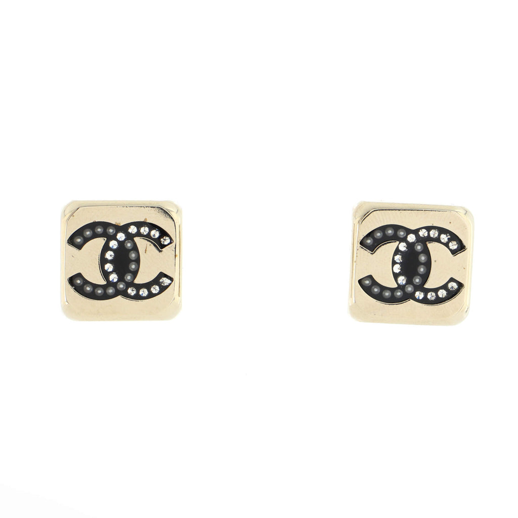 Chanel CC Square Stud Earrings Metal with Crystals and Faux Pearls Black  20423749
