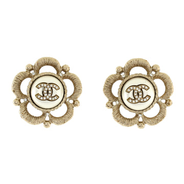 Chanel CC Camellia Stud Earrings Metal with Faux Pearl and Crystals