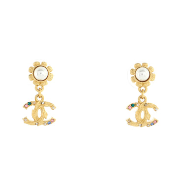 Chanel CC Flower Wreath Drop Earrings Metal with Faux Pearls and Crystals