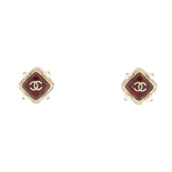 Chanel CC Square Stud Earrings Metal with Resin and Faux Pearls