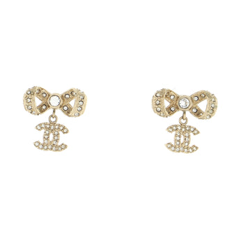 Chanel CC Bow Dangle Earrings Crystal Embellished Metal