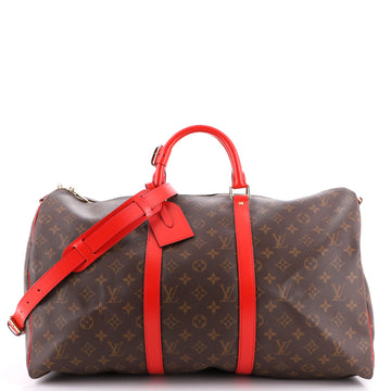 Louis Vuitton Keepall Bandouliere Bag Monogram Canvas with Coquelicot Leather Trim 50