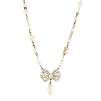Chanel Tear Drop Ribbon Necklace Metal with Faux Pearls and Crystals