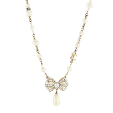 Chanel Tear Drop Ribbon Necklace Metal with Faux Pearls and Crystals