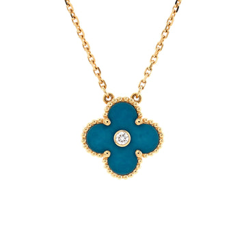 Van Cleef & Arpels Vintage Alhambra Pendant Necklace 18K Yellow Gold and Sevres Porcelain with Diamond
