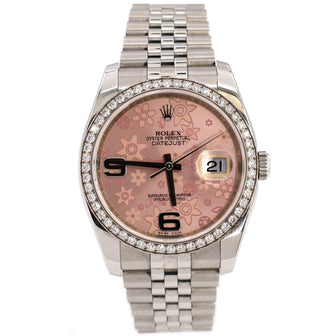 Rolex Oyster Perpetual Datejust Automatic Watch Stainless Steel and White Gold with Diamond Bezel and Floral Dial 36
