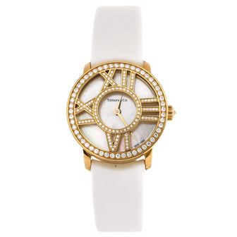 Tiffany & Co. Atlas Cocktail Round Quartz Watch Yellow Gold and Satin with Diamond Bezel and Markers and Mother of Pearl 26