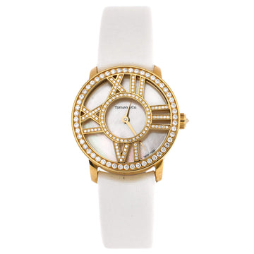Tiffany & Co. Atlas Cocktail Round Quartz Watch Yellow Gold and Satin with Diamond Bezel and Markers and Mother of Pearl 26