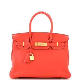 Hermes Birkin Handbag Red Clemence with Gold Hardware 30