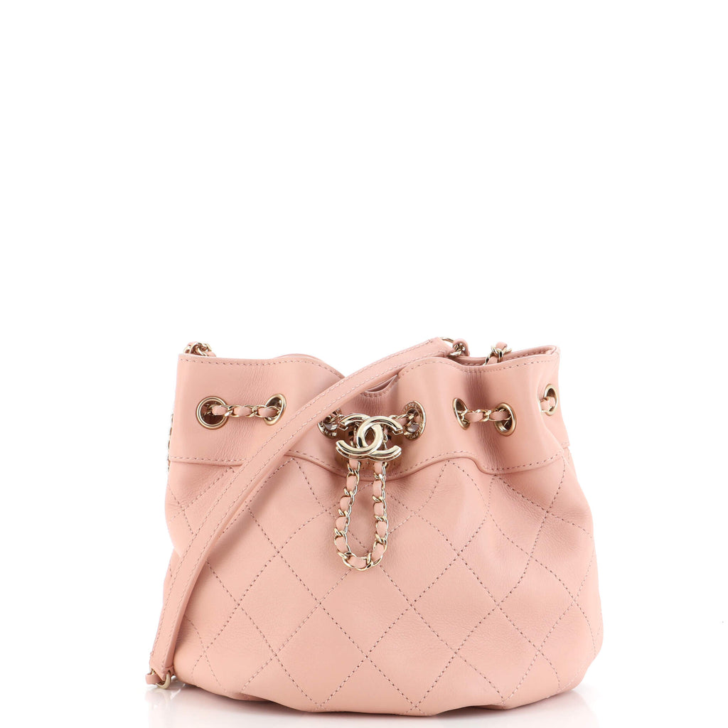 Chanel CC Chain Drawstring Bucket Bag Stitched Calfskin Small Pink 2044157