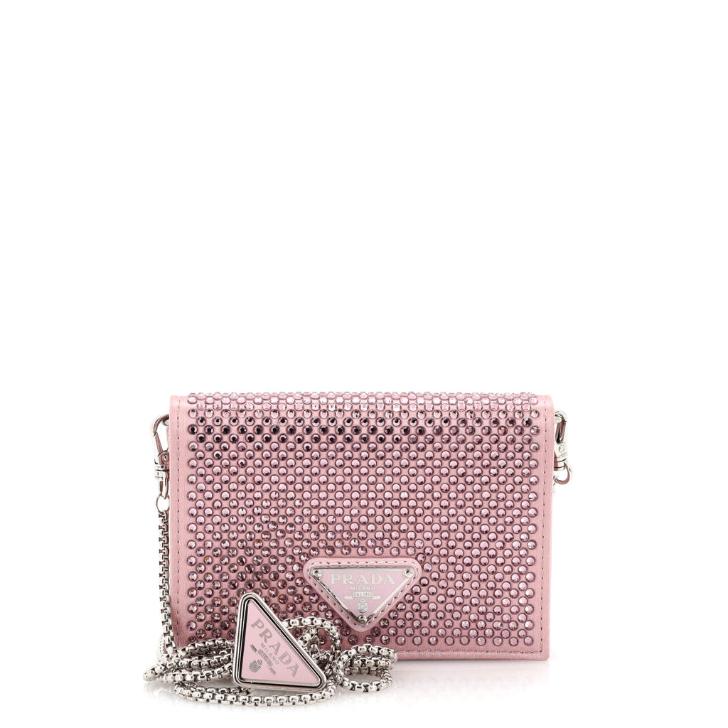 Prada Flap Card Holder with Chain Satin with Crystals Pink 2045113