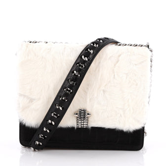 Roberto Cavalli Hera Handbag Crocodile Embossed Leather and Fur Small White 2045201