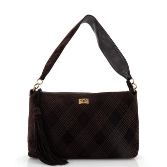 Chanel Vintage Stitched CC Shoulder Bag Suede Medium