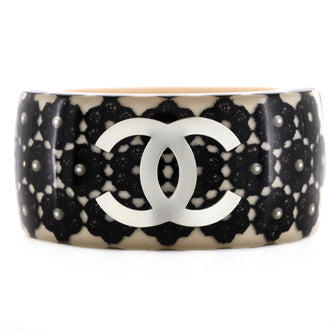 Chanel CC Hinged Bangle Bracelet Resin with Lace and Faux Pearls