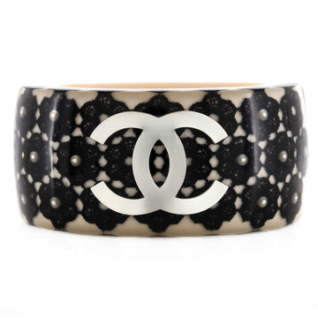 Chanel CC Hinged Bangle Bracelet Resin with Lace and Faux Pearls