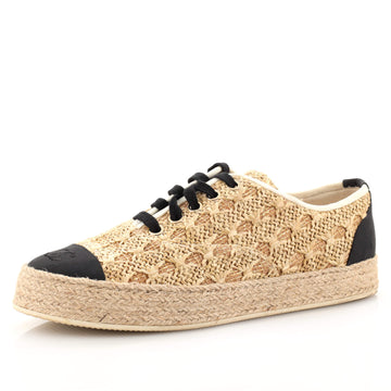 Chanel Women's CC Cap Toe Lace Up Espadrilles Woven Raffia