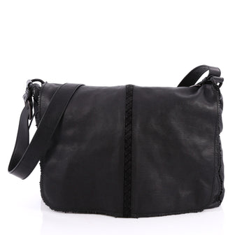 Bottega Veneta Flap Messenger Bag Leather with Frayed Intrecciato Detail Large Black 2046901